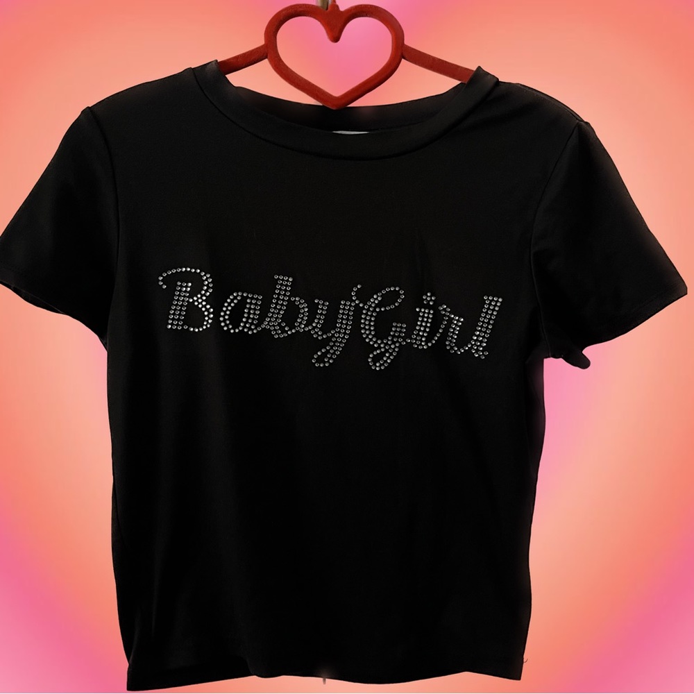 Black Rhinestone Y2K ‘Baby Girl’ Top (size Small)